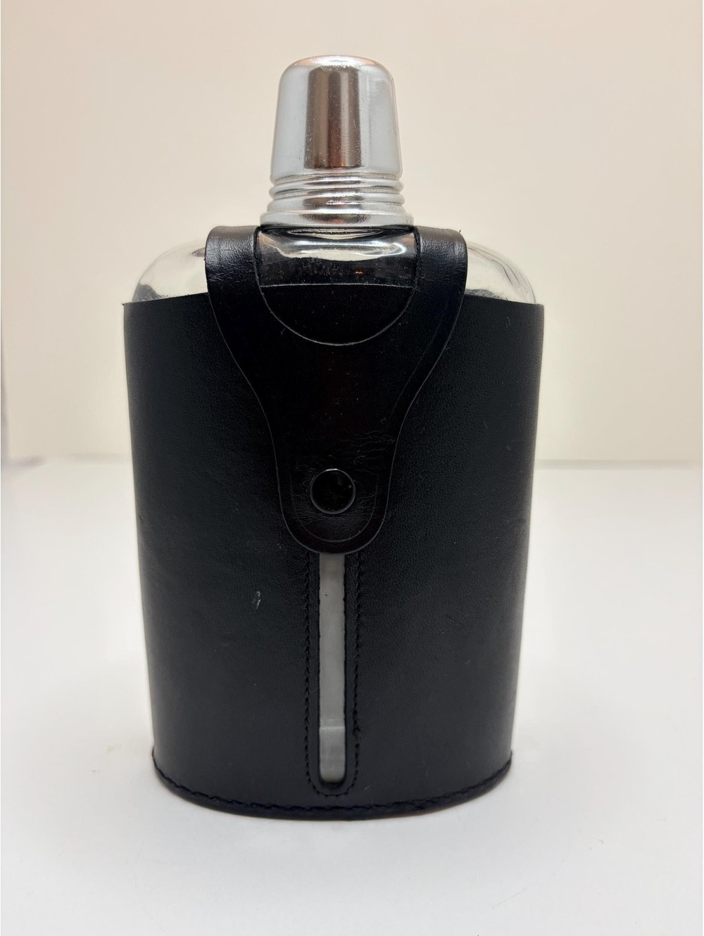 Vintage English Glass Hip Flask with Black Real Leather Case Made in England